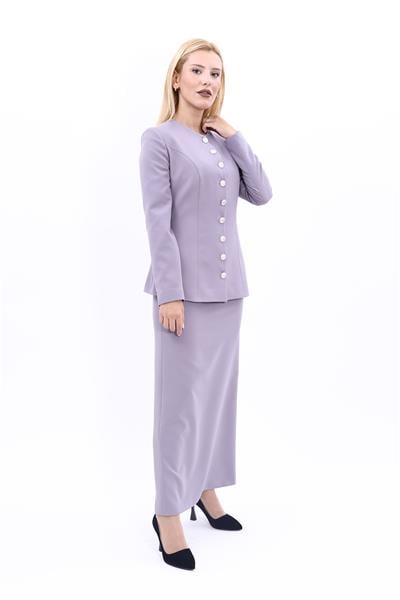 Sıfır Yaka Boydan Düğmeli Ceket & Uzun Düz Dar Etek-Antrasit