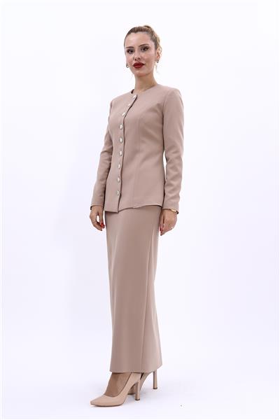 Sıfır Yaka Boydan Düğmeli Ceket & Uzun Düz Dar Etek-Taş