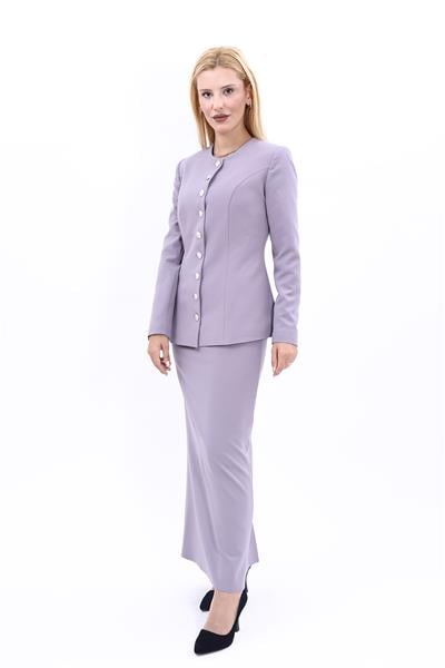 Sıfır Yaka Boydan Düğmeli Ceket & Uzun Düz Dar Etek-Antrasit