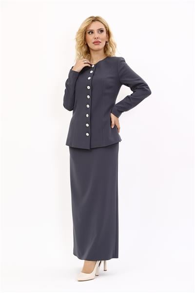 Sıfır Yaka Boydan Düğmeli Ceket & Uzun Düz Dar Etek-Füme