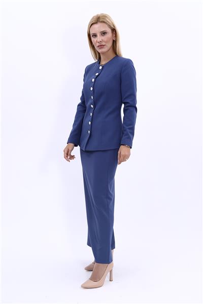 Sıfır Yaka Boydan Düğmeli Ceket & Uzun Düz Dar Etek-İndigo