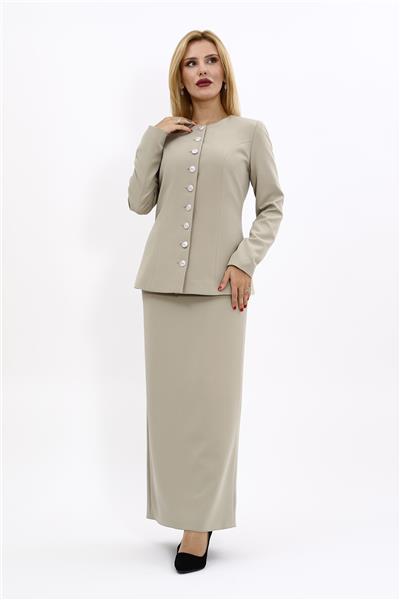 Sıfır Yaka Boydan Düğmeli Ceket & Uzun Düz Dar Etek-Bambu