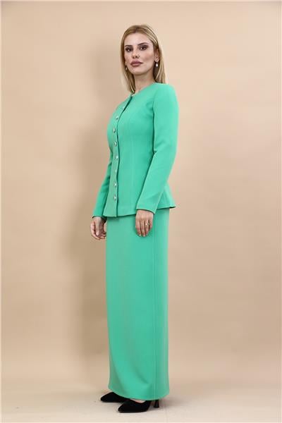 Sıfır Yaka Boydan Düğmeli Ceket & Uzun Düz Dar Etek-Yeşil