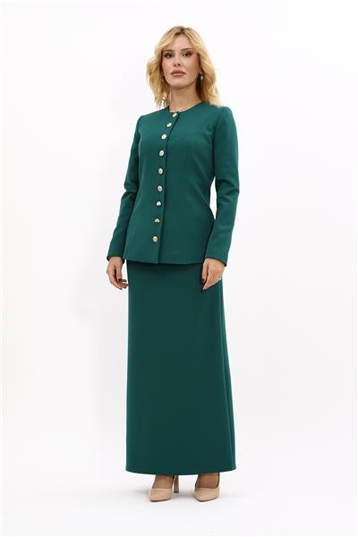 Sıfır Yaka Boydan Düğmeli Ceket & Uzun Düz Dar Etek-Zümrüt