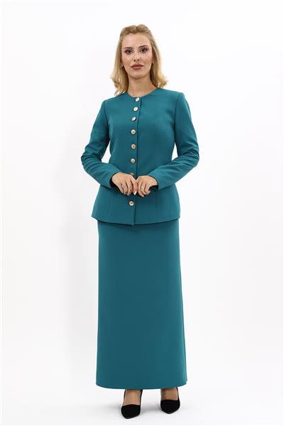 Sıfır Yaka Boydan Düğmeli Ceket & Uzun Düz Dar Etek-Petrol