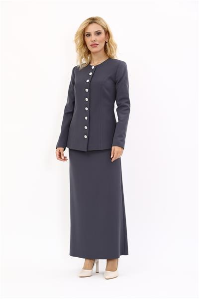 Sıfır Yaka Boydan Düğmeli Ceket & Uzun Düz Dar Etek-Füme