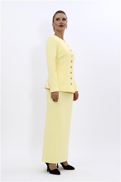 Sıfır Yaka Boydan Düğmeli Ceket & Uzun Düz Dar Etek-Sarı