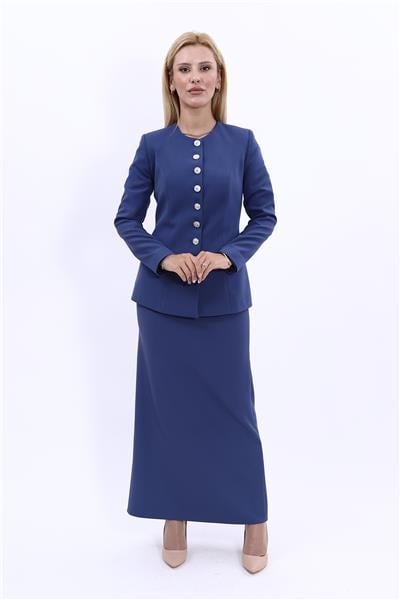 Sıfır Yaka Boydan Düğmeli Ceket & Uzun Düz Dar Etek-İndigo