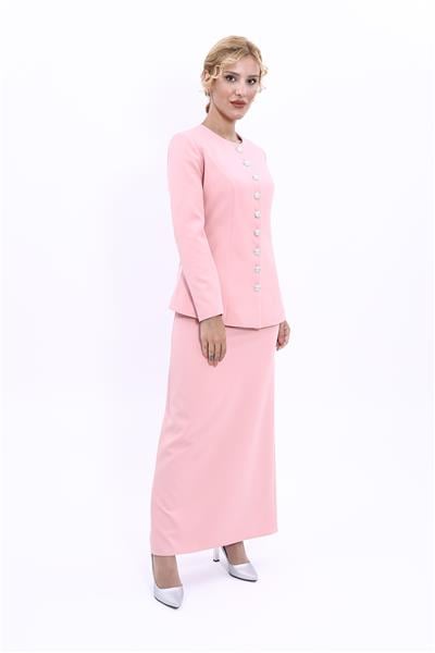 Sıfır Yaka Boydan Düğmeli Ceket & Uzun Düz Dar Etek-Pudra