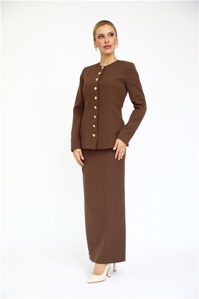 Sıfır Yaka Boydan Düğmeli Ceket & Uzun Düz Dar Etek-Kestane