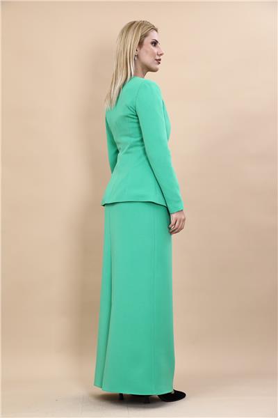Sıfır Yaka Boydan Düğmeli Ceket & Uzun Düz Dar Etek-Yeşil