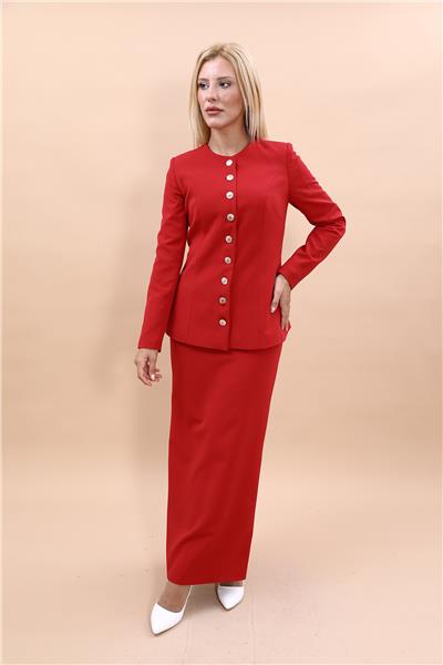 Sıfır Yaka Boydan Düğmeli Ceket & Uzun Düz Dar Etek-Kırmızı