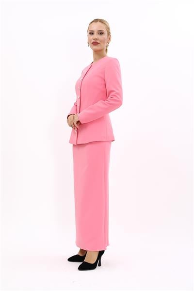 Sıfır Yaka Boydan Düğmeli Ceket & Uzun Düz Dar Etek-Pembe