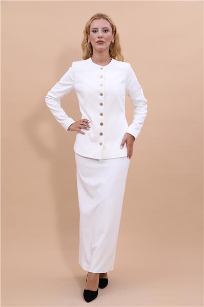 Sıfır Yaka Boydan Düğmeli Ceket & Uzun Düz Dar Etek-Beyaz
