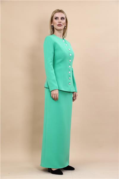 Sıfır Yaka Boydan Düğmeli Ceket & Uzun Düz Dar Etek-Yeşil