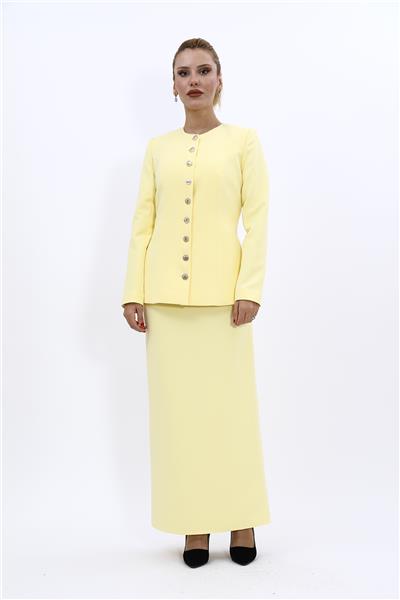 Sıfır Yaka Boydan Düğmeli Ceket & Uzun Düz Dar Etek-Sarı