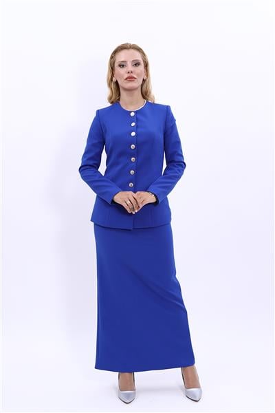 Sıfır Yaka Boydan Düğmeli Ceket & Uzun Düz Dar Etek-Saks