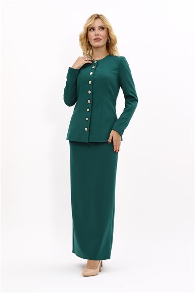 Sıfır Yaka Boydan Düğmeli Ceket & Uzun Düz Dar Etek-Zümrüt