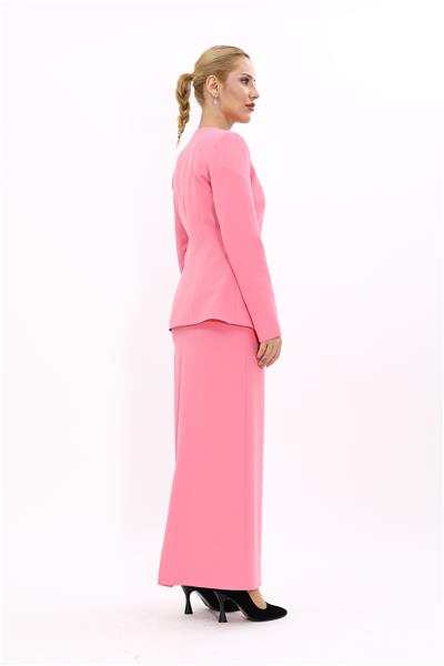 Sıfır Yaka Boydan Düğmeli Ceket & Uzun Düz Dar Etek-Pembe