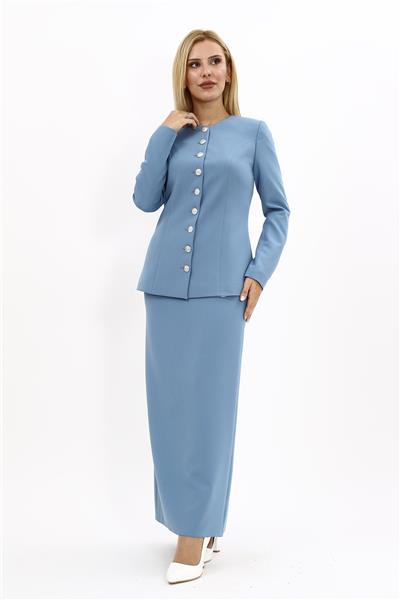 Sıfır Yaka Boydan Düğmeli Ceket & Uzun Düz Dar Etek-Deniz