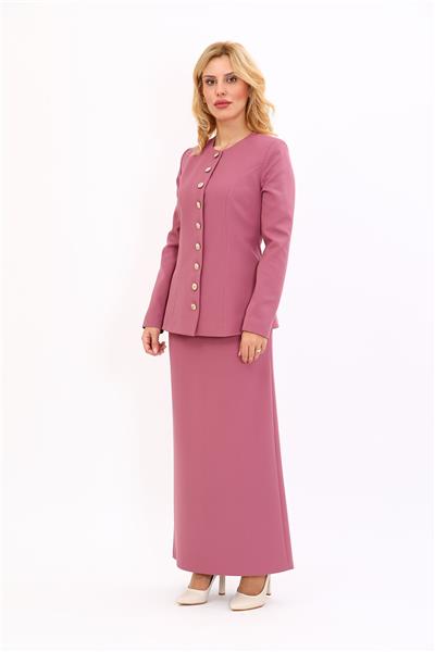 Sıfır Yaka Boydan Düğmeli Ceket & Uzun Düz Dar Etek-Rose
