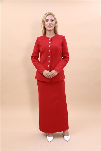 Sıfır Yaka Boydan Düğmeli Ceket & Uzun Düz Dar Etek-Kırmızı