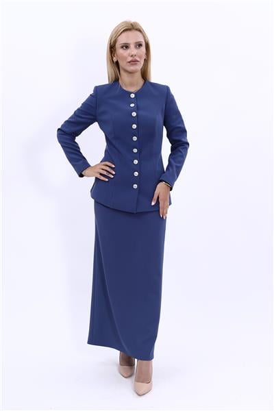 Sıfır Yaka Boydan Düğmeli Ceket & Uzun Düz Dar Etek-İndigo