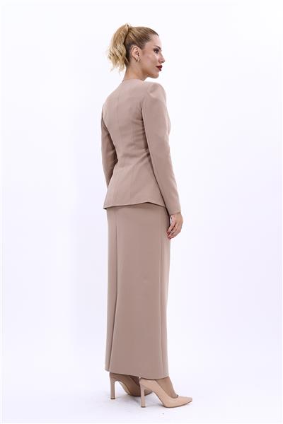 Sıfır Yaka Boydan Düğmeli Ceket & Uzun Düz Dar Etek-Taş