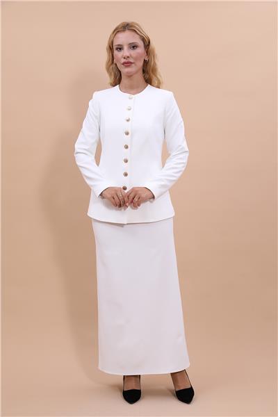 Sıfır Yaka Boydan Düğmeli Ceket & Uzun Düz Dar Etek-Beyaz