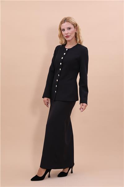Sıfır Yaka Boydan Düğmeli Ceket & Uzun Düz Dar Etek-Siyah