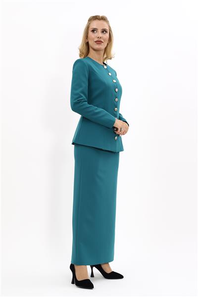 Sıfır Yaka Boydan Düğmeli Ceket & Uzun Düz Dar Etek-Petrol