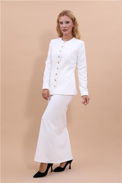 Sıfır Yaka Boydan Düğmeli Ceket & Uzun Düz Dar Etek-Beyaz