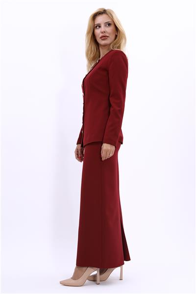 Sıfır Yaka Boydan Düğmeli Ceket & Uzun Düz Dar Etek-Bordo