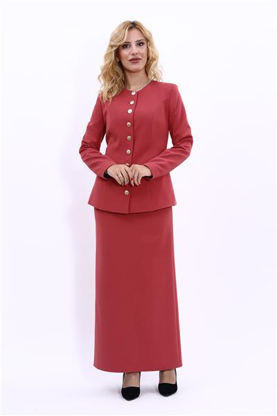 Sıfır Yaka Boydan Düğmeli Ceket & Uzun Düz Dar Etek-Kiremit