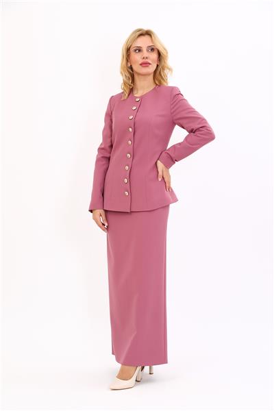 Sıfır Yaka Boydan Düğmeli Ceket & Uzun Düz Dar Etek-Rose