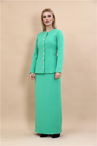 Sıfır Yaka Boydan Düğmeli Ceket & Uzun Düz Dar Etek-Yeşil