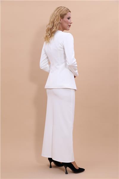 Sıfır Yaka Boydan Düğmeli Ceket & Uzun Düz Dar Etek-Beyaz