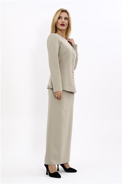 Sıfır Yaka Boydan Düğmeli Ceket & Uzun Düz Dar Etek-Bambu