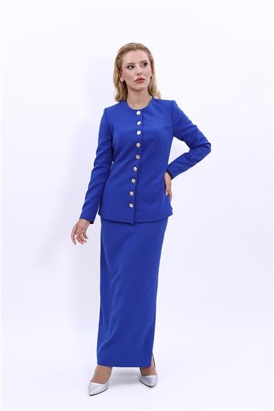 Sıfır Yaka Boydan Düğmeli Ceket & Uzun Düz Dar Etek-Saks