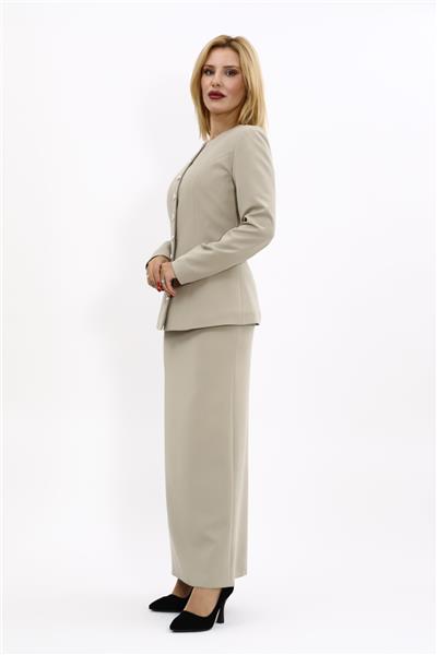 Sıfır Yaka Boydan Düğmeli Ceket & Uzun Düz Dar Etek-Bambu