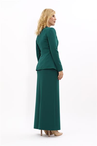 Sıfır Yaka Boydan Düğmeli Ceket & Uzun Düz Dar Etek-Zümrüt