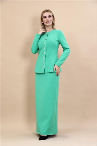 Sıfır Yaka Boydan Düğmeli Ceket & Uzun Düz Dar Etek-Yeşil