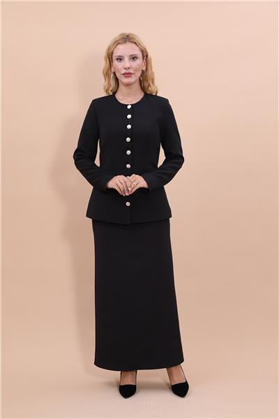 Sıfır Yaka Boydan Düğmeli Ceket & Uzun Düz Dar Etek-Siyah