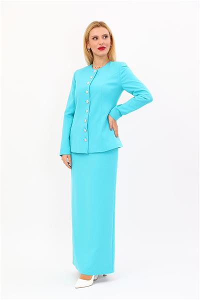 Sıfır Yaka Boydan Düğmeli Ceket & Uzun Düz Dar Etek-Turkuaz