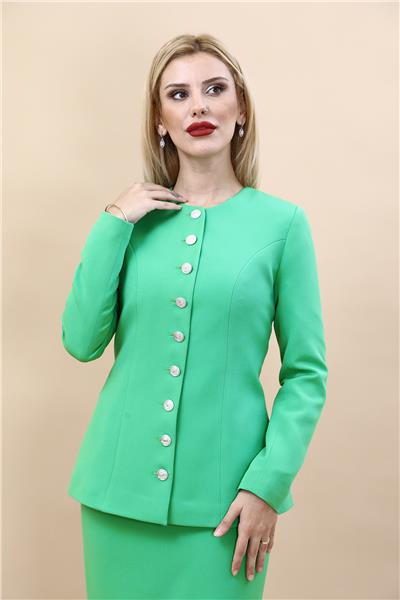 Sıfır Yaka Boydan Düğmeli Ceket-Yeşil