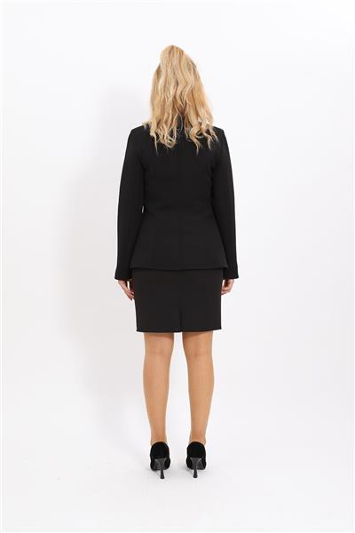 Sıfır Yaka Boydan Düğmeli Ceket & Yırtmaçlı Düz Dar Etek-Siyah