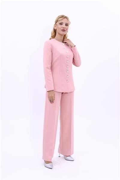 Sıfır Yaka Düğmeli Şık Ceket & Bol Paça Pantolon Kadın Takım Elbise-Pudra