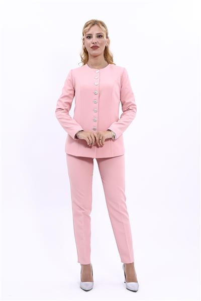Sıfır Yaka Düğmeli Şık Ceket & Dar Paça Pantolon Kadın Takım Elbise-Pudra