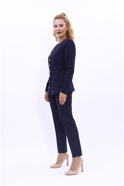 Sıfır Yaka Düğmeli Şık Ceket & Dar Paça Pantolon Kadın Takım Elbise-Lacivert