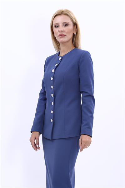 Sıfır Yaka Düğmeli Şık Kadın Ceket-İndigo